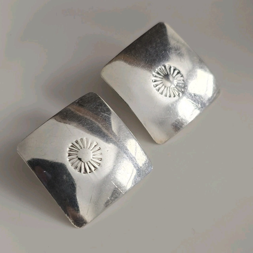 Vintage Jimmie Patterson Navajo Sterling Silver Square Sunburst Earrings P Mark